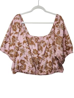 Lane Bryant Plus Size 22/24 Classic Crop Square-Neck Puff-Sleeve Pink Brown